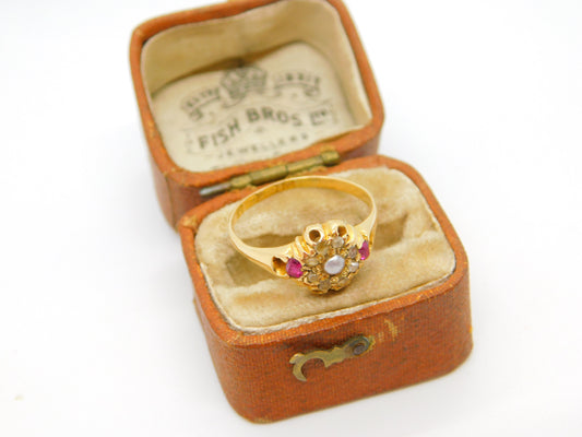 Victorian 18ct Gold, Ruby, Diamond, Seed Pearl Floral Dress Ring 1873 Antique