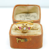 Victorian 18ct Gold, Ruby, Diamond, Seed Pearl Floral Dress Ring 1873 Antique
