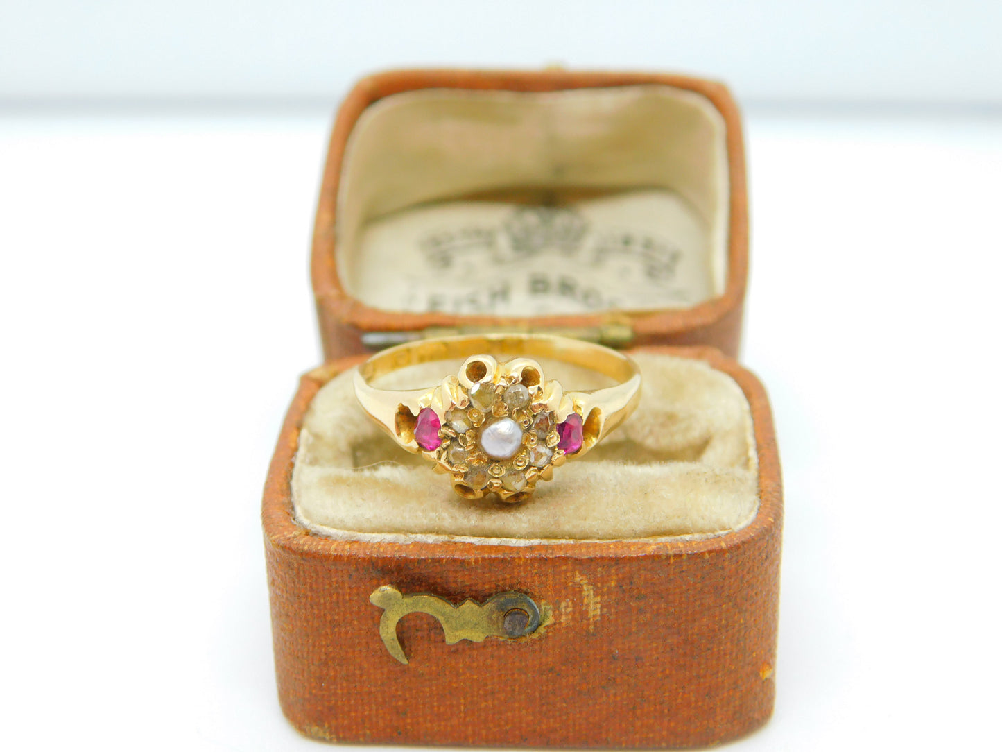 Victorian 18ct Gold, Ruby, Diamond, Seed Pearl Floral Dress Ring 1873 Antique