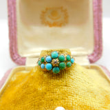 Victorian 9ct Gold, Turquoise & Diamond Floral Sweetheart Ring Antique c1860