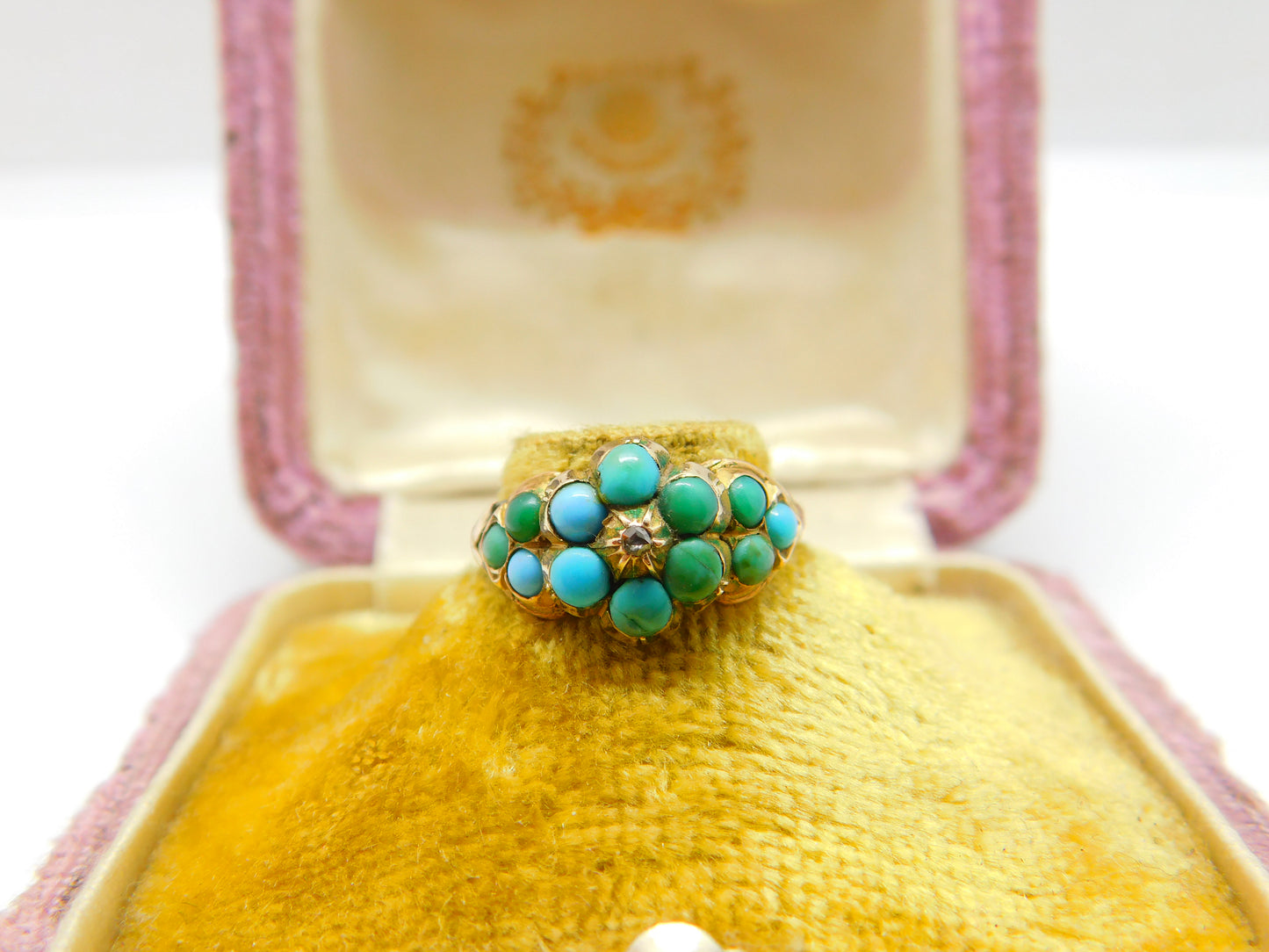 Victorian 9ct Gold, Turquoise & Diamond Floral Sweetheart Ring Antique c1860