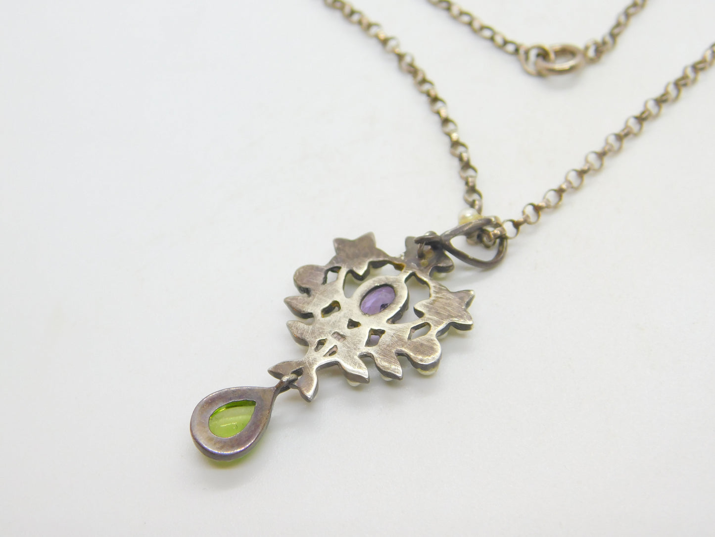 Edwardian Suffragette Sterling Silver, Pearl, Peridot, Amethyst Necklace c1910