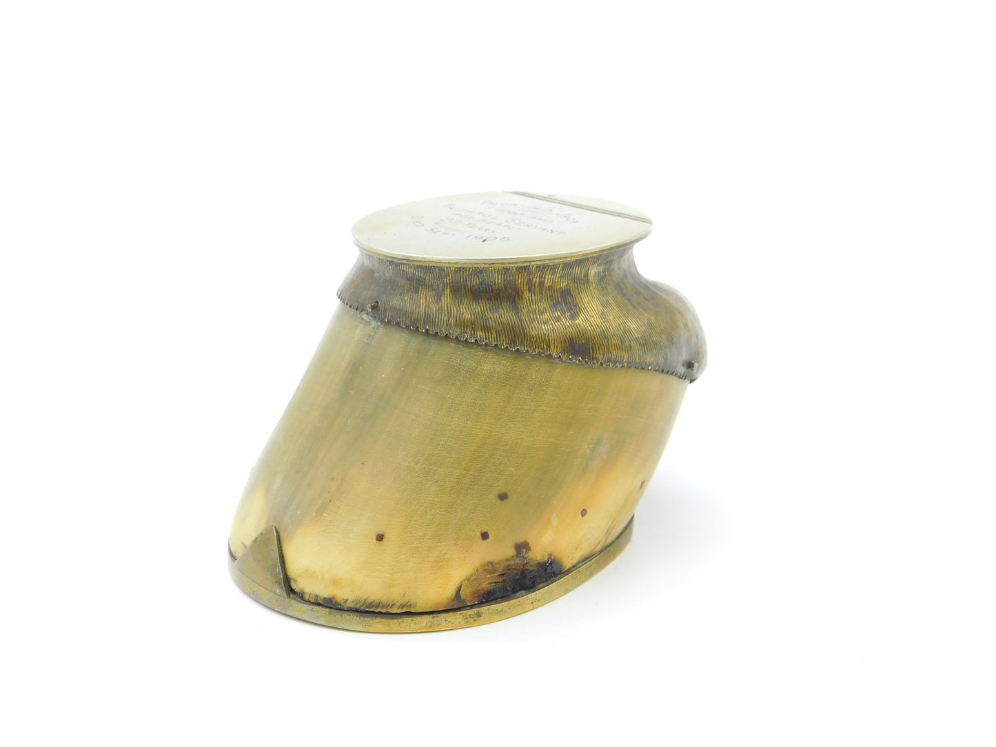 Edwardian Pony Hoof Brass Rim Inkwell 'Poor Old Jack Died Sept. 1906' Commemorative Antique