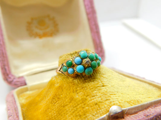 Victorian 9ct Gold, Turquoise & Diamond Floral Sweetheart Ring Antique c1860