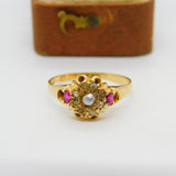 Victorian 18ct Gold, Ruby, Diamond, Seed Pearl Floral Dress Ring 1873 Antique