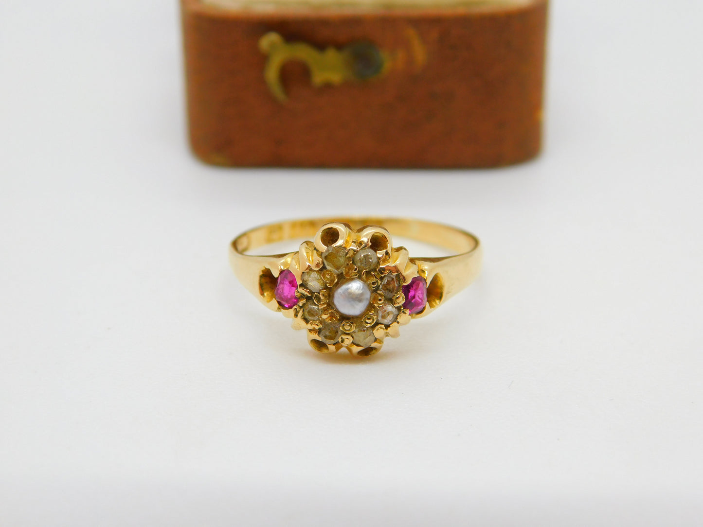 Victorian 18ct Gold, Ruby, Diamond, Seed Pearl Floral Dress Ring 1873 Antique