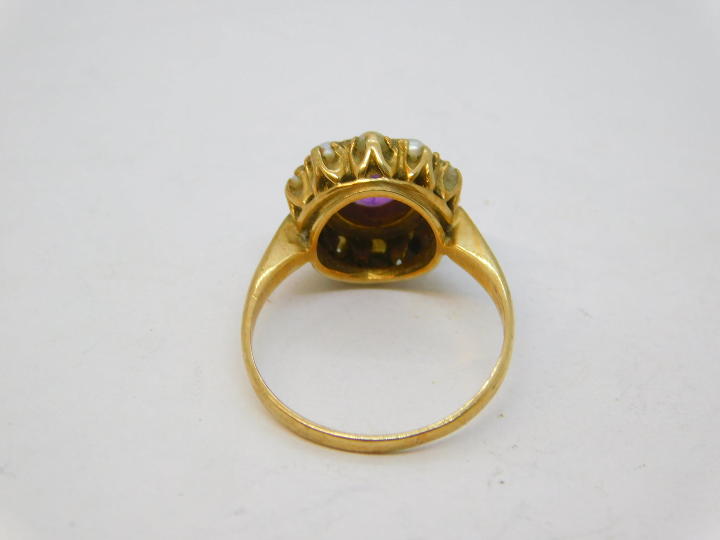 9ct Yellow Gold, Amethyst, Seed Pearl Floral Cluster Ring Vintage 1966 London