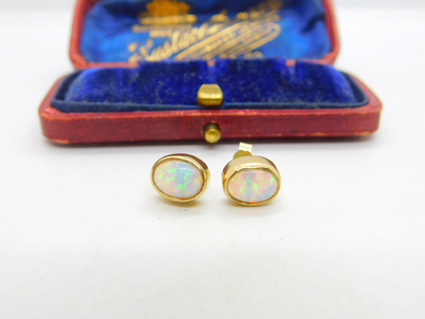 9ct Yellow Gold & Fire Opal Set Stud Earrings Vintage c1980 Birmingham