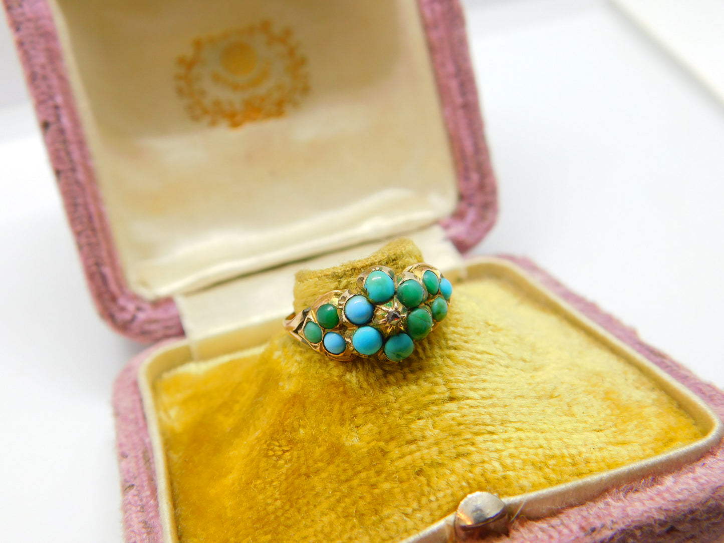 Victorian 9ct Gold, Turquoise & Diamond Floral Sweetheart Ring Antique c1860