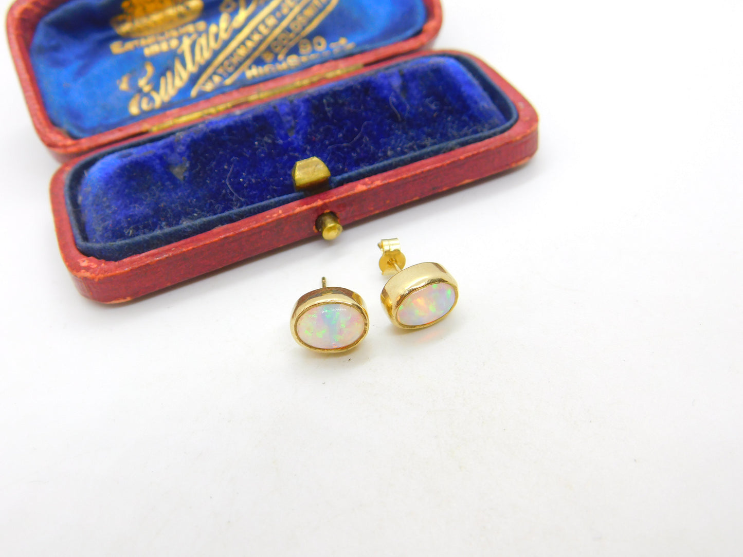 9ct Yellow Gold & Fire Opal Set Stud Earrings Vintage c1980 Birmingham