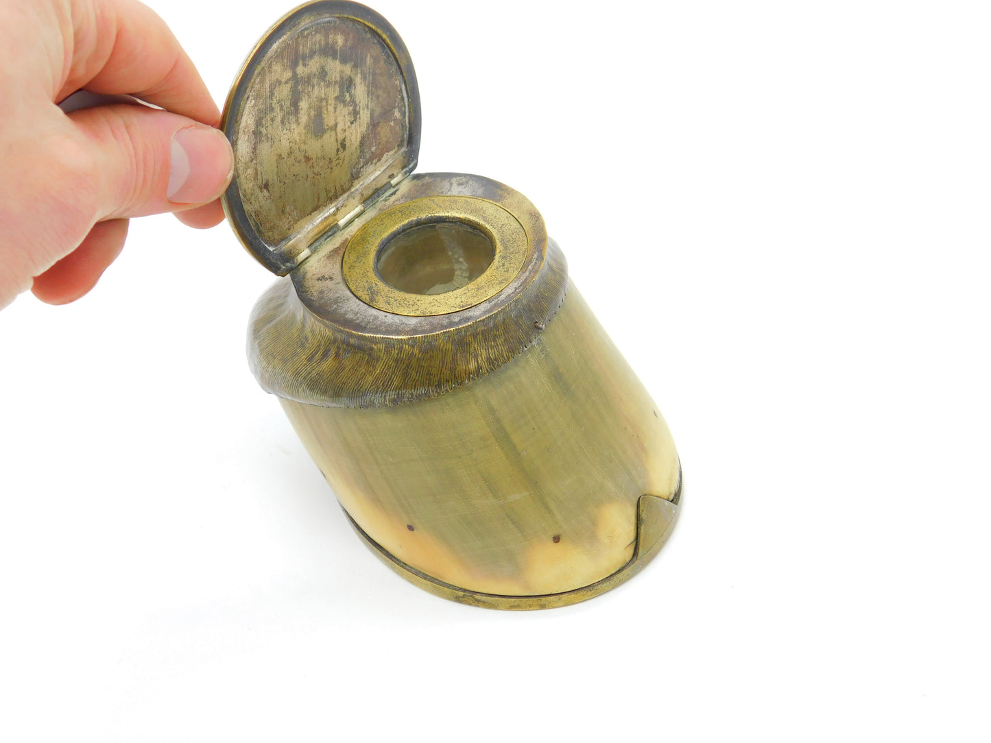 Edwardian Pony Hoof Brass Rim Inkwell 'Poor Old Jack Died Sept. 1906' Commemorative Antique