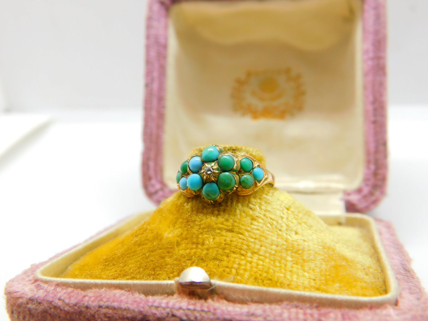 Victorian 9ct Gold, Turquoise & Diamond Floral Sweetheart Ring Antique c1860