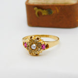Victorian 18ct Gold, Ruby, Diamond, Seed Pearl Floral Dress Ring 1873 Antique