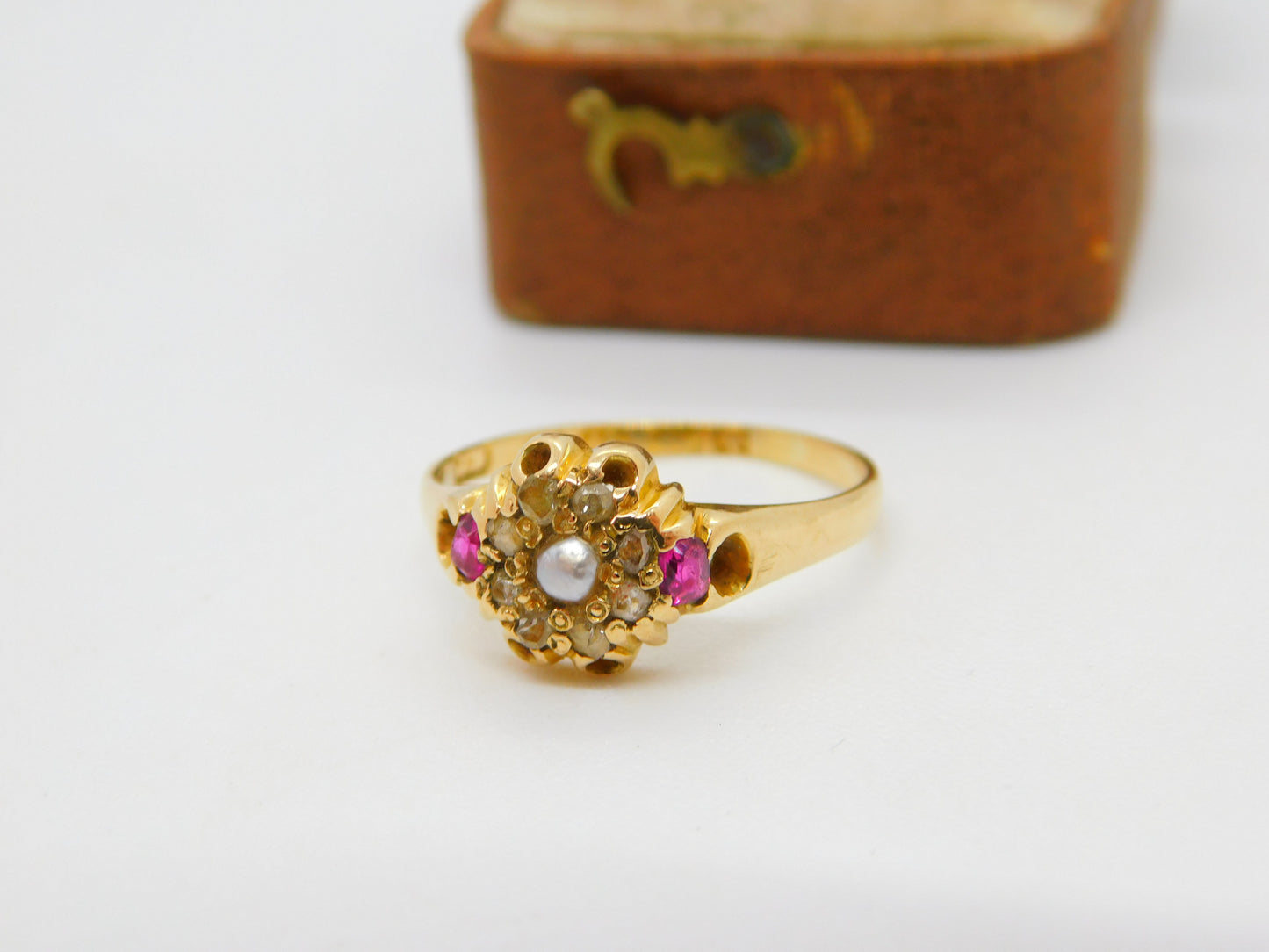 Victorian 18ct Gold, Ruby, Diamond, Seed Pearl Floral Dress Ring 1873 Antique