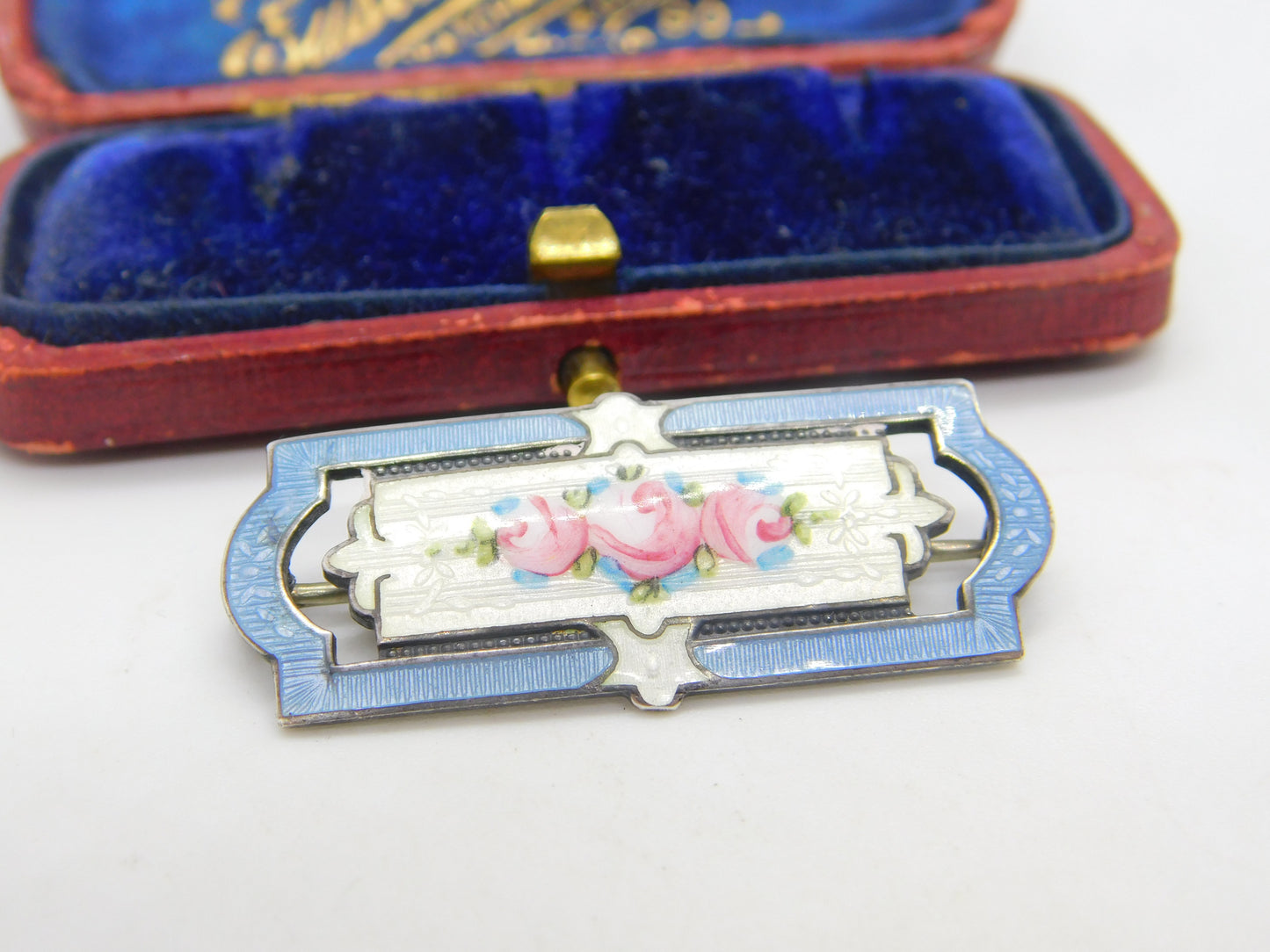 Charles Horner Sterling Silver Guilloche Enamel Floral Brooch c1920 Antique