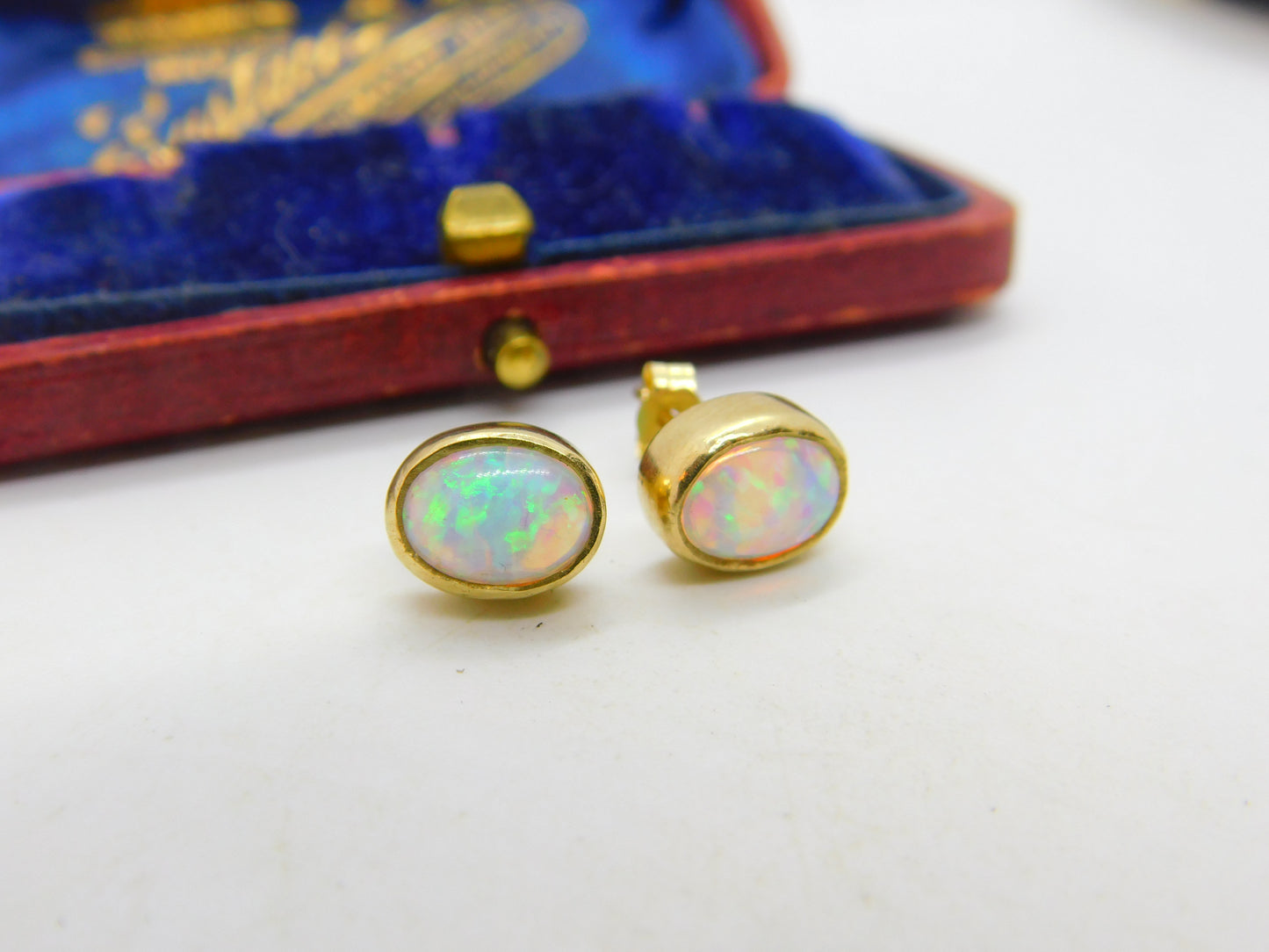 9ct Yellow Gold & Fire Opal Set Stud Earrings Vintage c1980 Birmingham