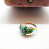 Victorian 9ct Gold, Turquoise & Diamond Floral Sweetheart Ring Antique c1860