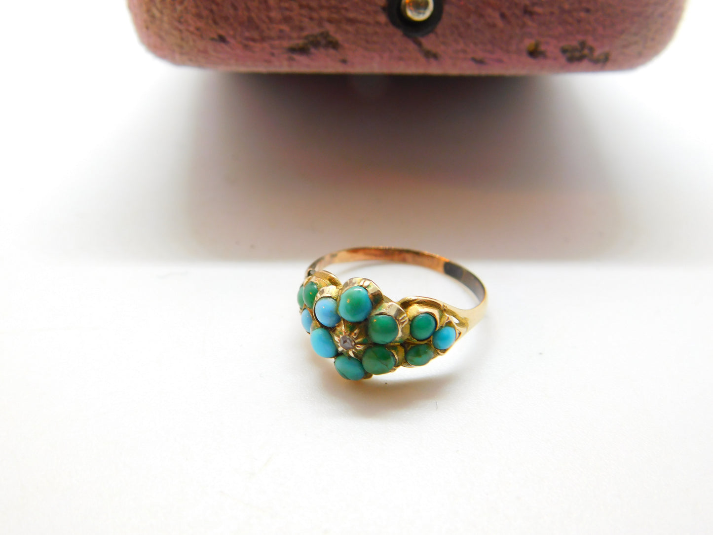 Victorian 9ct Gold, Turquoise & Diamond Floral Sweetheart Ring Antique c1860