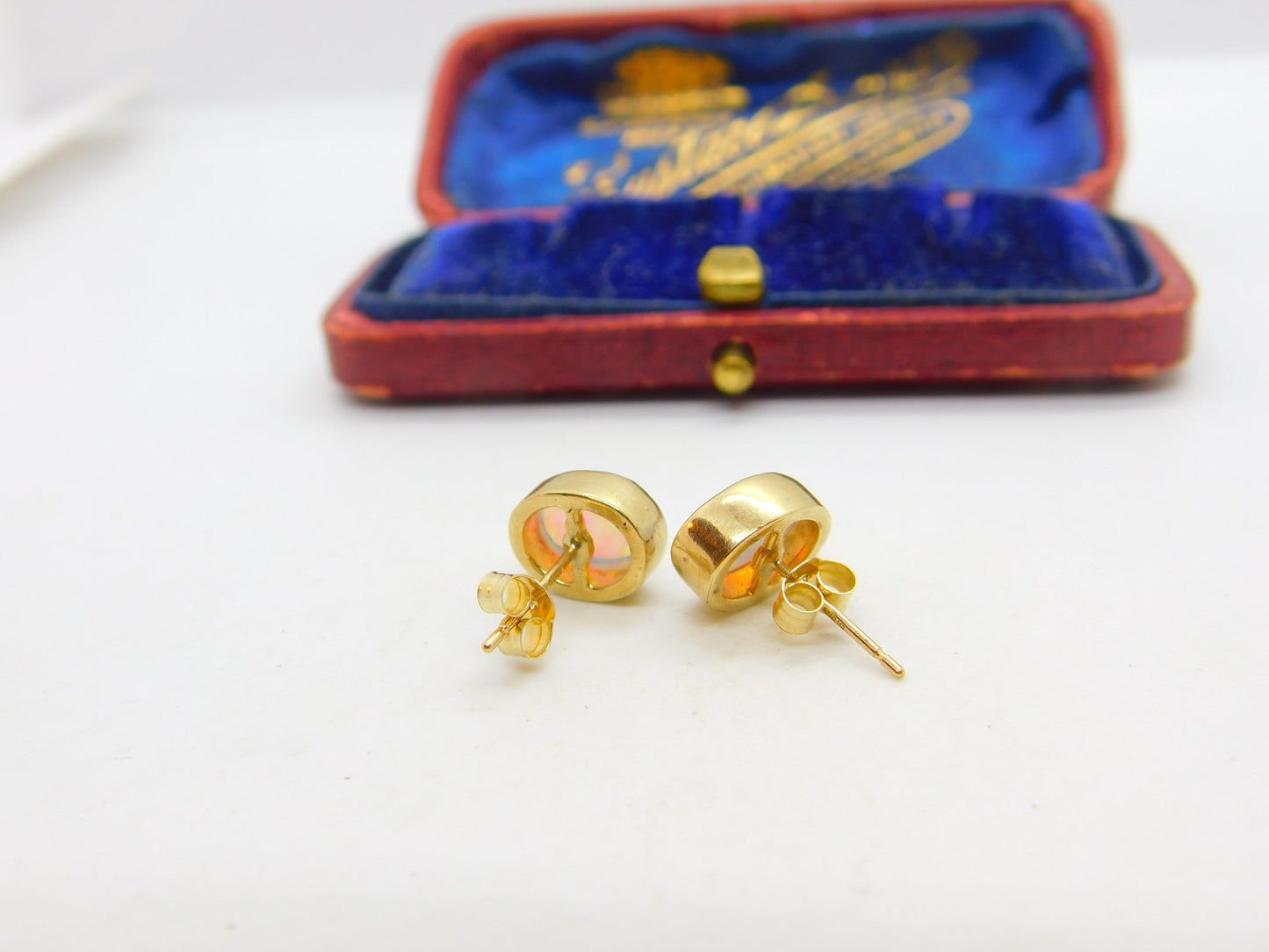 9ct Yellow Gold & Fire Opal Set Stud Earrings Vintage c1980 Birmingham