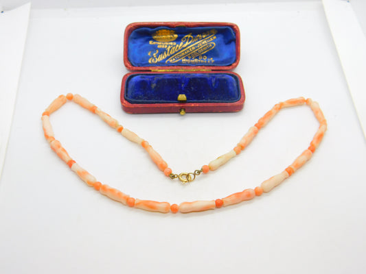 9ct Gold Clasp & Pink Carved Angel Skin Coral Necklace Antique c1930 Art Deco