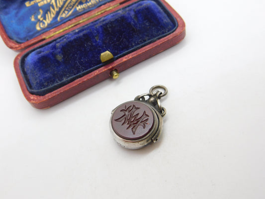 Victorian Sterling Silver Spinning Fob Pendant Bloodstone & Carved Carnelian