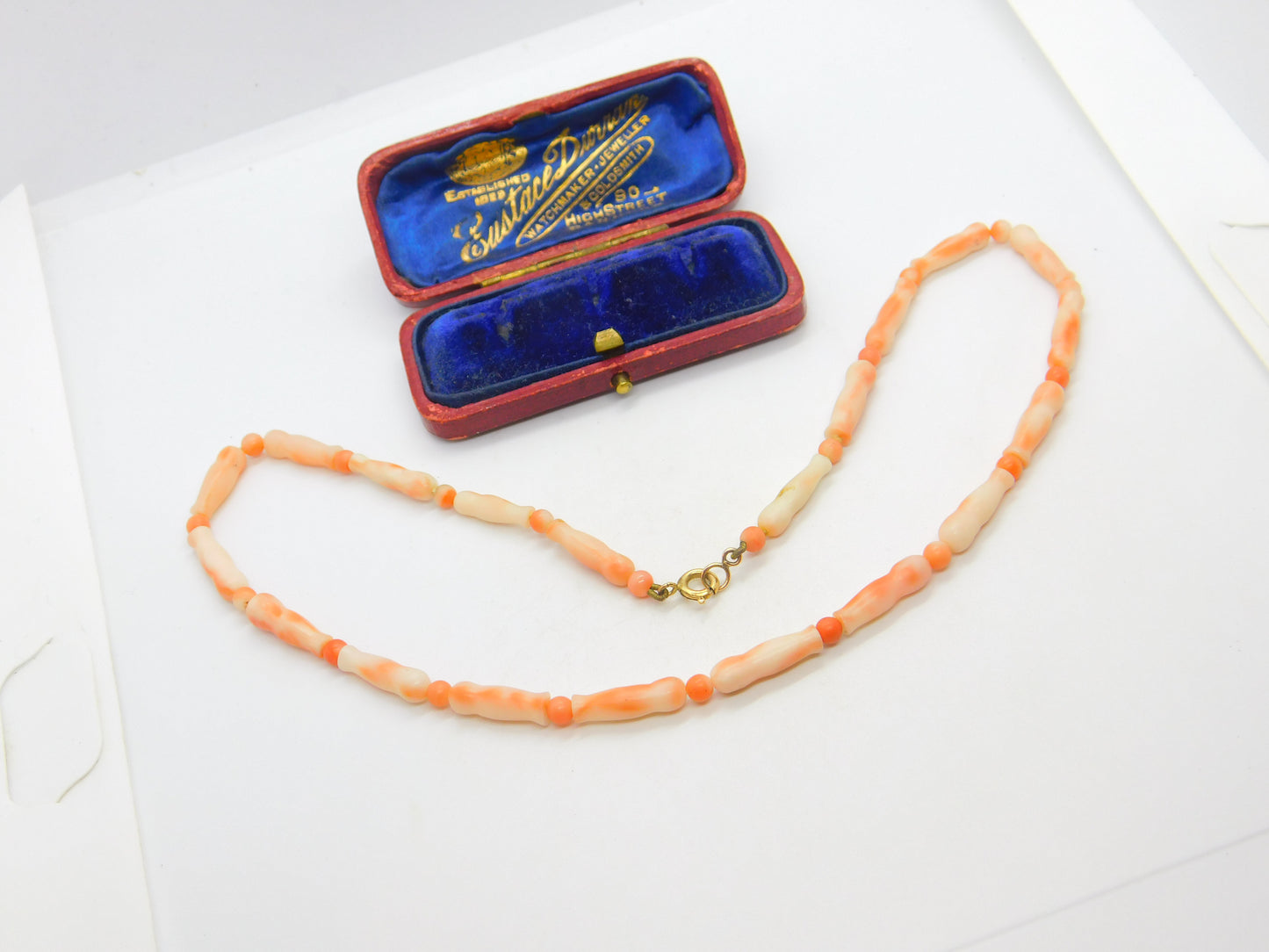 9ct Gold Clasp & Pink Carved Angel Skin Coral Necklace Antique c1930 Art Deco