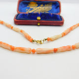 9ct Gold Clasp & Pink Carved Angel Skin Coral Necklace Antique c1930 Art Deco
