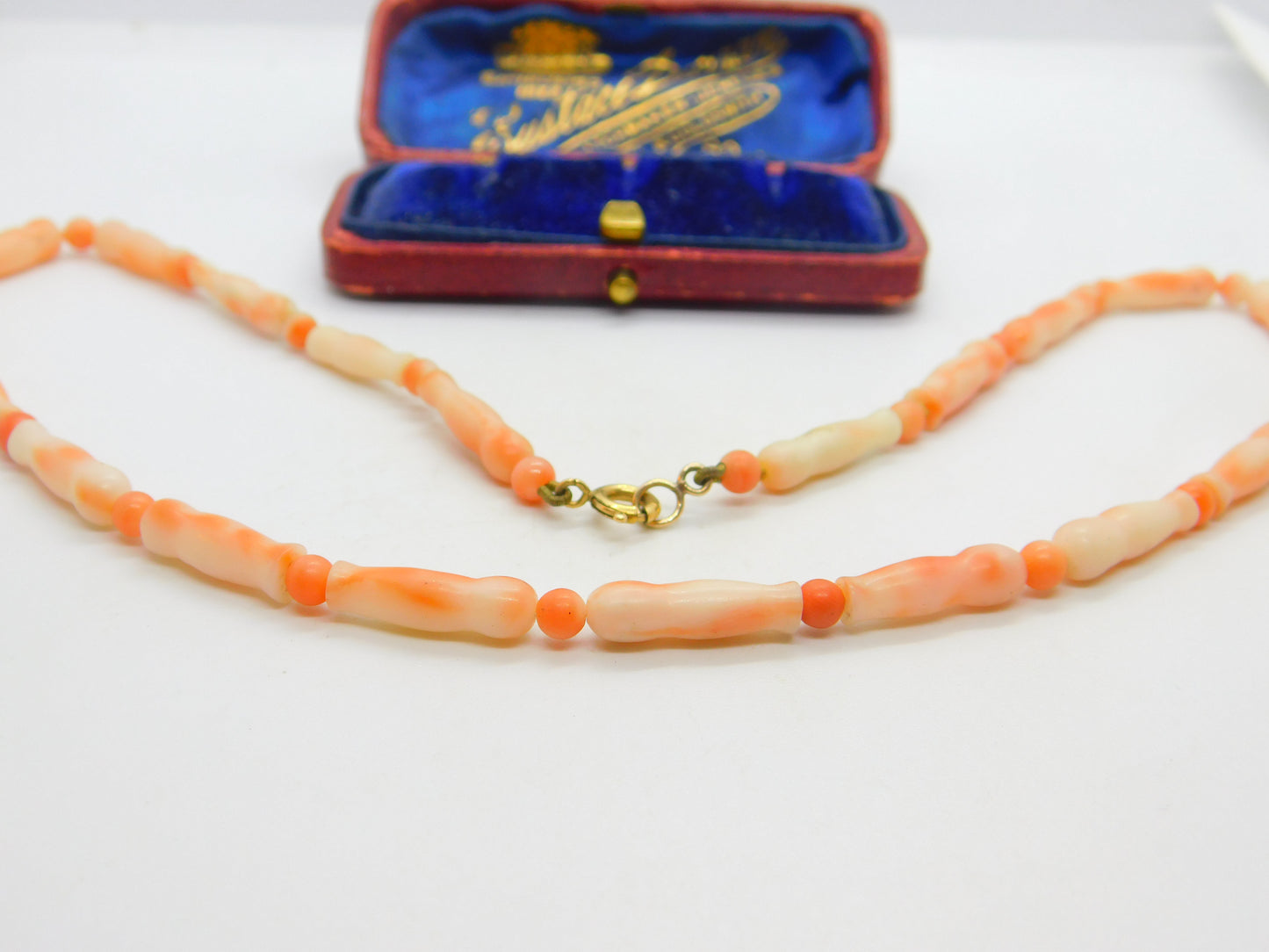 9ct Gold Clasp & Pink Carved Angel Skin Coral Necklace Antique c1930 Art Deco