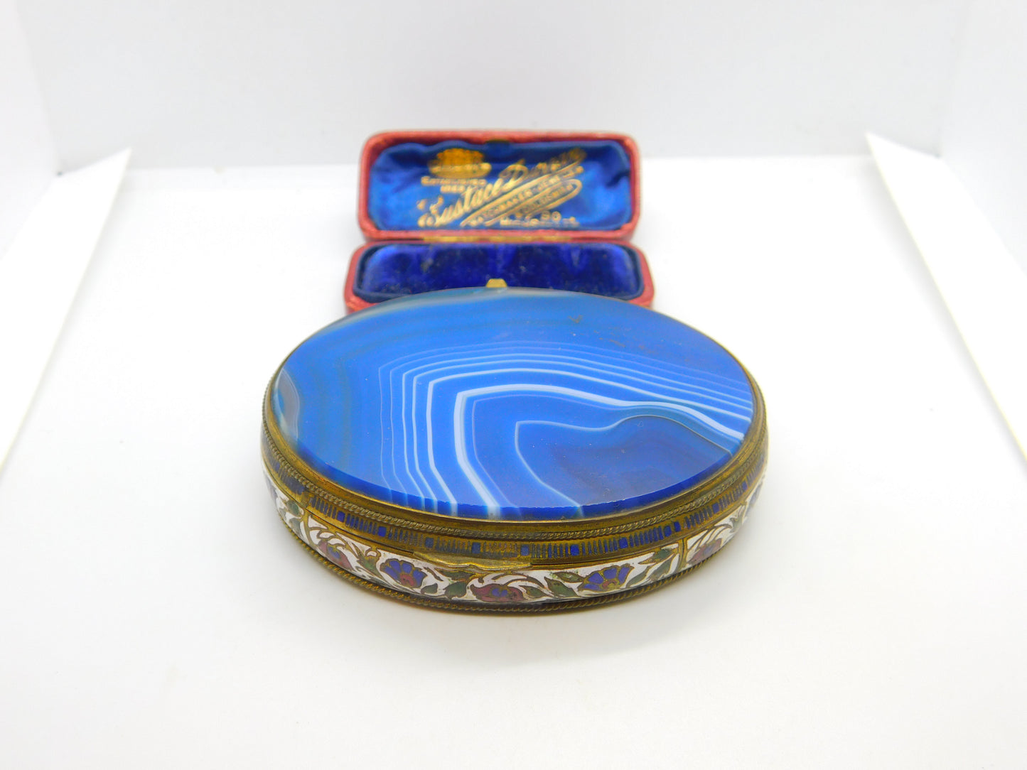 Austro Hungarian Gilt Metal, Blue Agate & Floral Enamel Trinket Box c1860