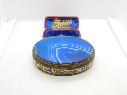 Austro Hungarian Gilt Metal, Blue Agate & Floral Enamel Trinket Box c1860