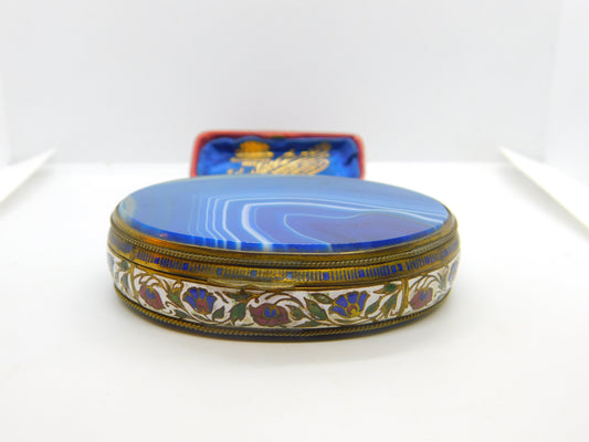 Austro Hungarian Gilt Metal, Blue Agate & Floral Enamel Trinket Box c1860
