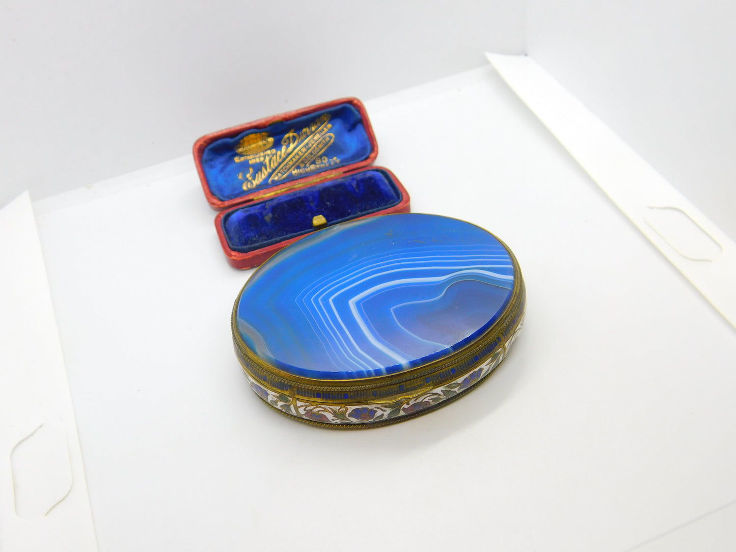 Austro Hungarian Gilt Metal, Blue Agate & Floral Enamel Trinket Box c1860