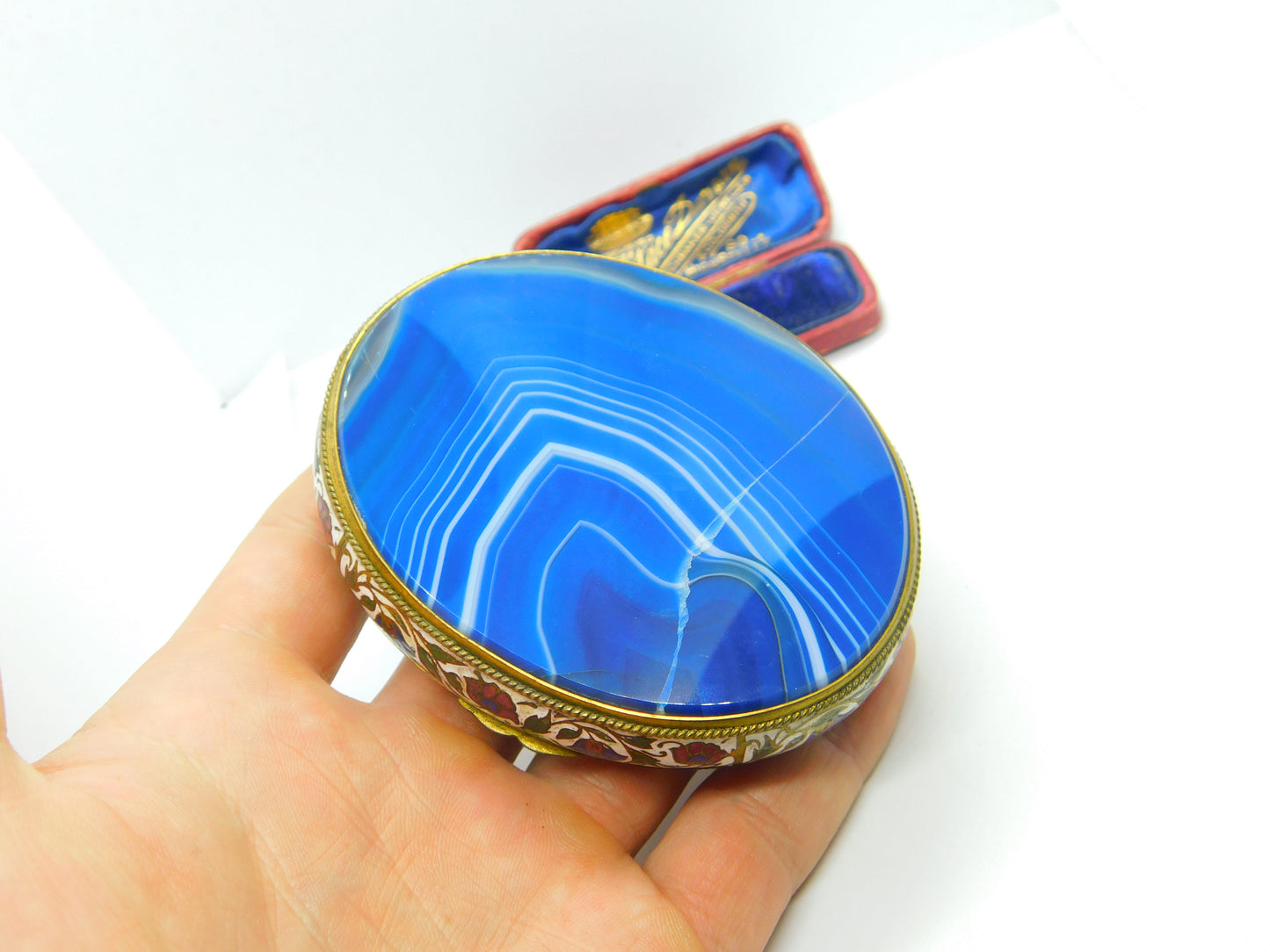 Austro Hungarian Gilt Metal, Blue Agate & Floral Enamel Trinket Box c1860