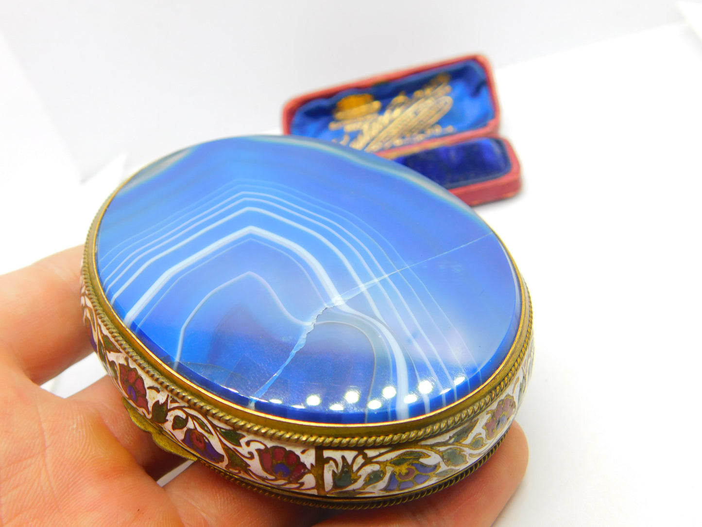 Austro Hungarian Gilt Metal, Blue Agate & Floral Enamel Trinket Box c1860