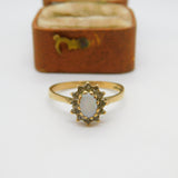 9ct Yellow Gold, Diamond & Opal Floral Cluster Ring Vintage 1986 London