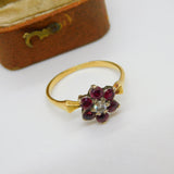 Victorian 18ct Gold, Ruby & 0.1ct Diamond Daisy Flower Ring c1860 Antique