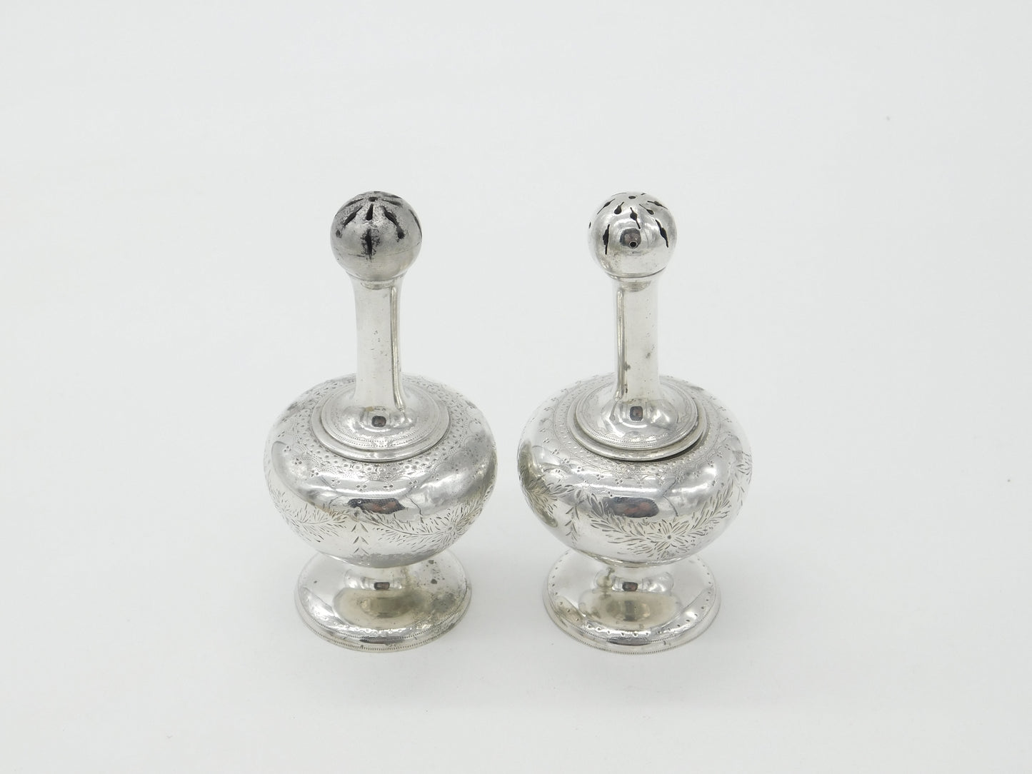 Pair Victorian Sterling Silver Long Stem Salt Pepper Shakers 1869 George Fox