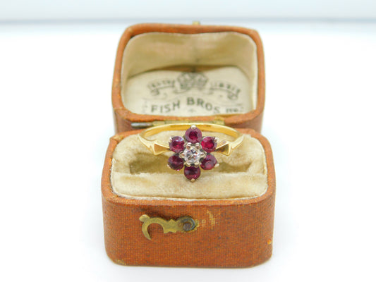 Victorian 18ct Gold, Ruby & 0.1ct Diamond Daisy Flower Ring c1860 Antique