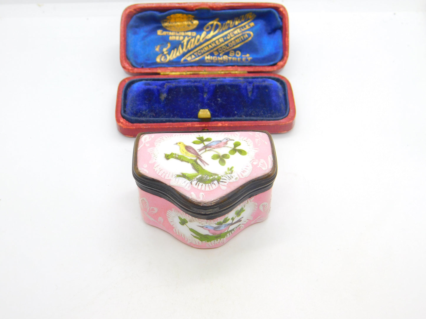 Georgian Bilston Enamel Pink Patch Box with Perched Birds c1820 Antique