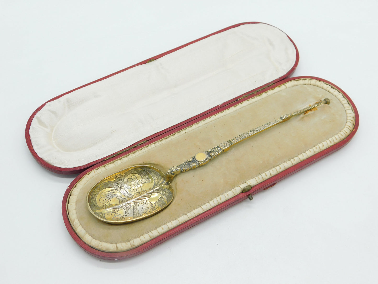 Victorian Large Boxed Sterling Silver Gilt Anointing Spoon Antique 1901 London