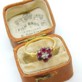 Victorian 18ct Gold, Ruby & 0.1ct Diamond Daisy Flower Ring c1860 Antique