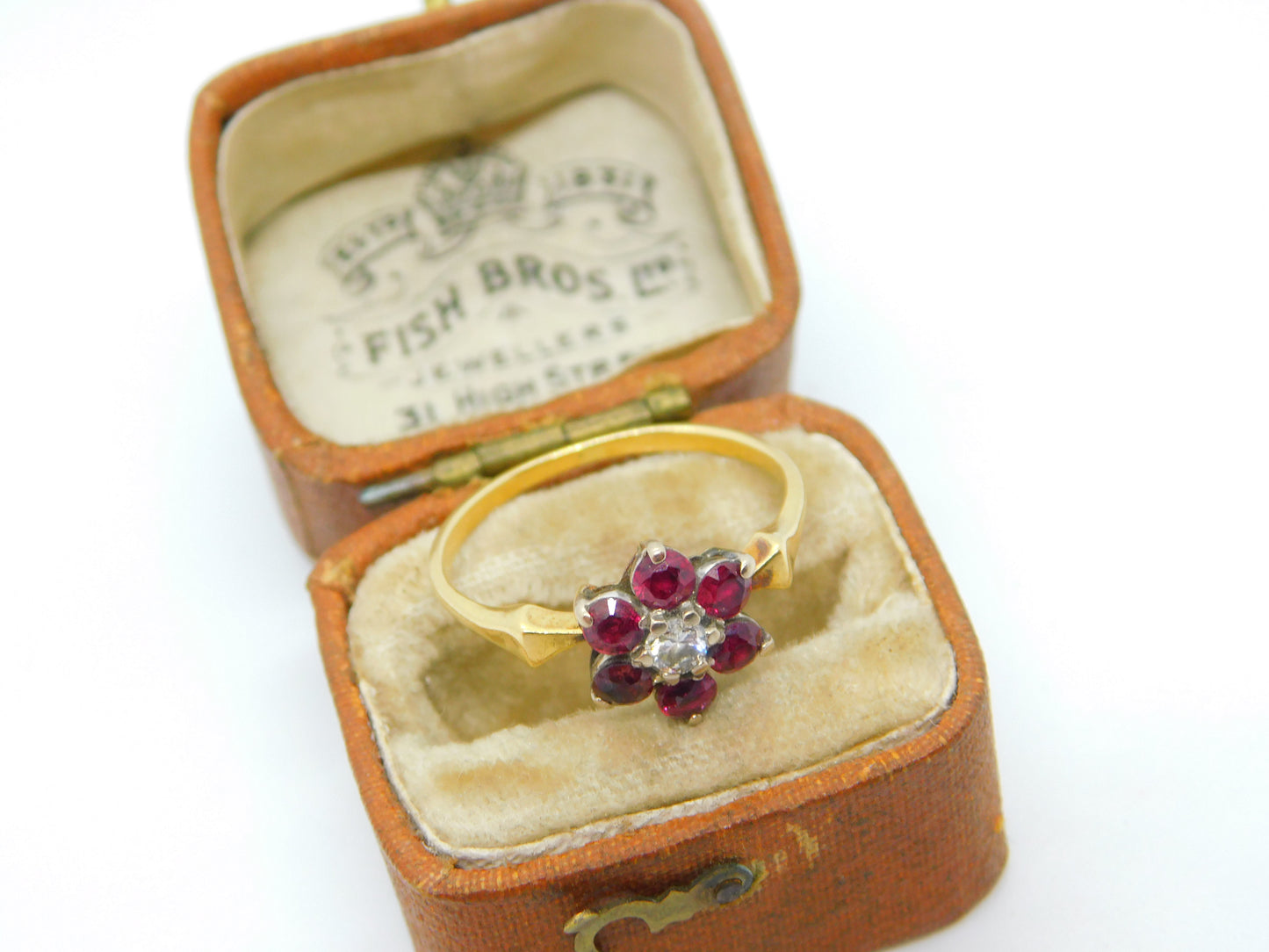 Victorian 18ct Gold, Ruby & 0.1ct Diamond Daisy Flower Ring c1860 Antique