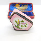 Georgian Bilston Enamel Pink Patch Box with Perched Birds c1820 Antique