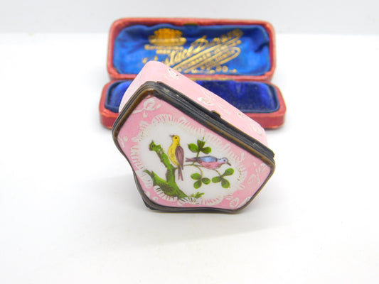 Georgian Bilston Enamel Pink Patch Box with Perched Birds c1820 Antique