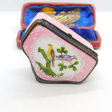 Georgian Bilston Enamel Pink Patch Box with Perched Birds c1820 Antique