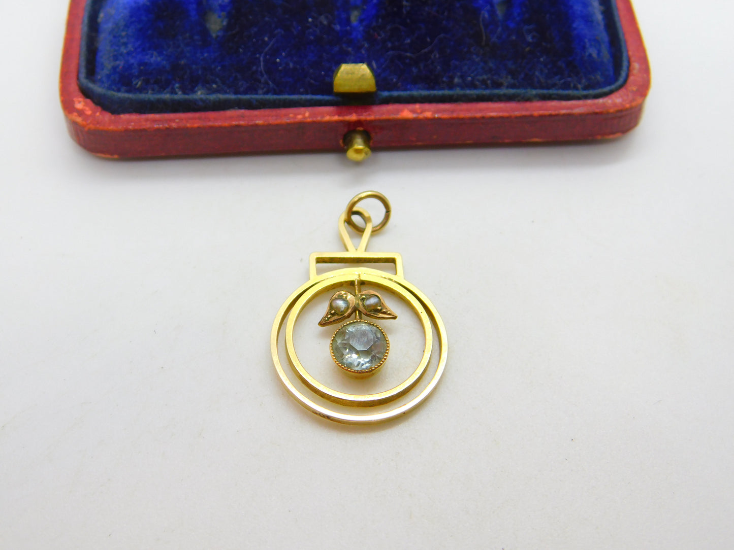 Edwardian 9ct Yellow Gold, Blue Topaz & Seed Pearl Lavalier Drop Pendant c1910