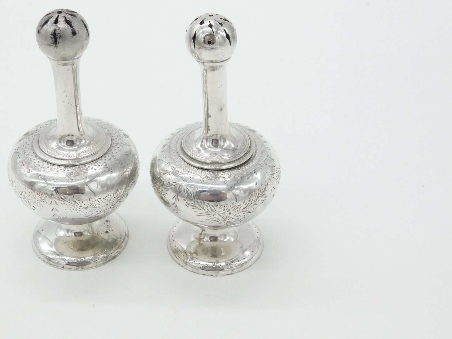 Pair Victorian Sterling Silver Long Stem Salt Pepper Shakers 1869 George Fox