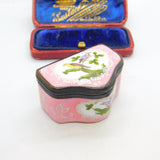 Georgian Bilston Enamel Pink Patch Box with Perched Birds c1820 Antique