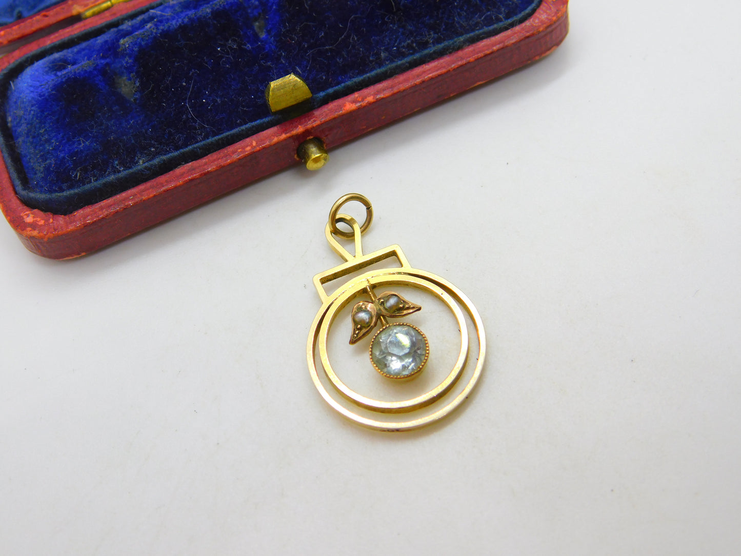 Edwardian 9ct Yellow Gold, Blue Topaz & Seed Pearl Lavalier Drop Pendant c1910