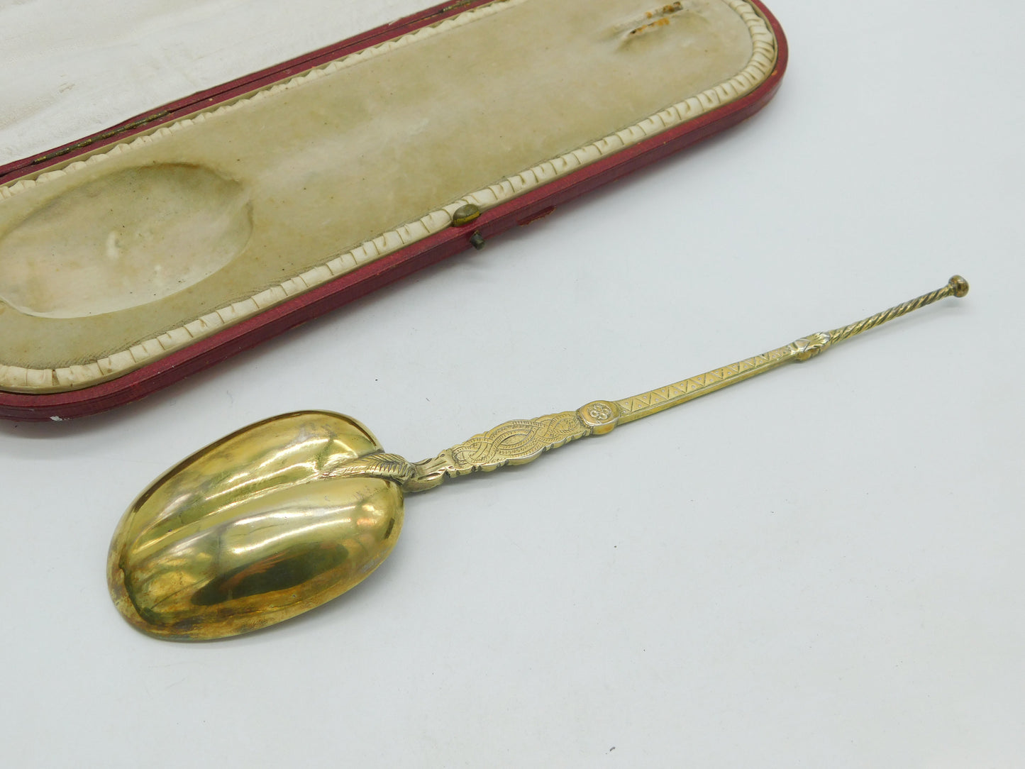 Victorian Large Boxed Sterling Silver Gilt Anointing Spoon Antique 1901 London